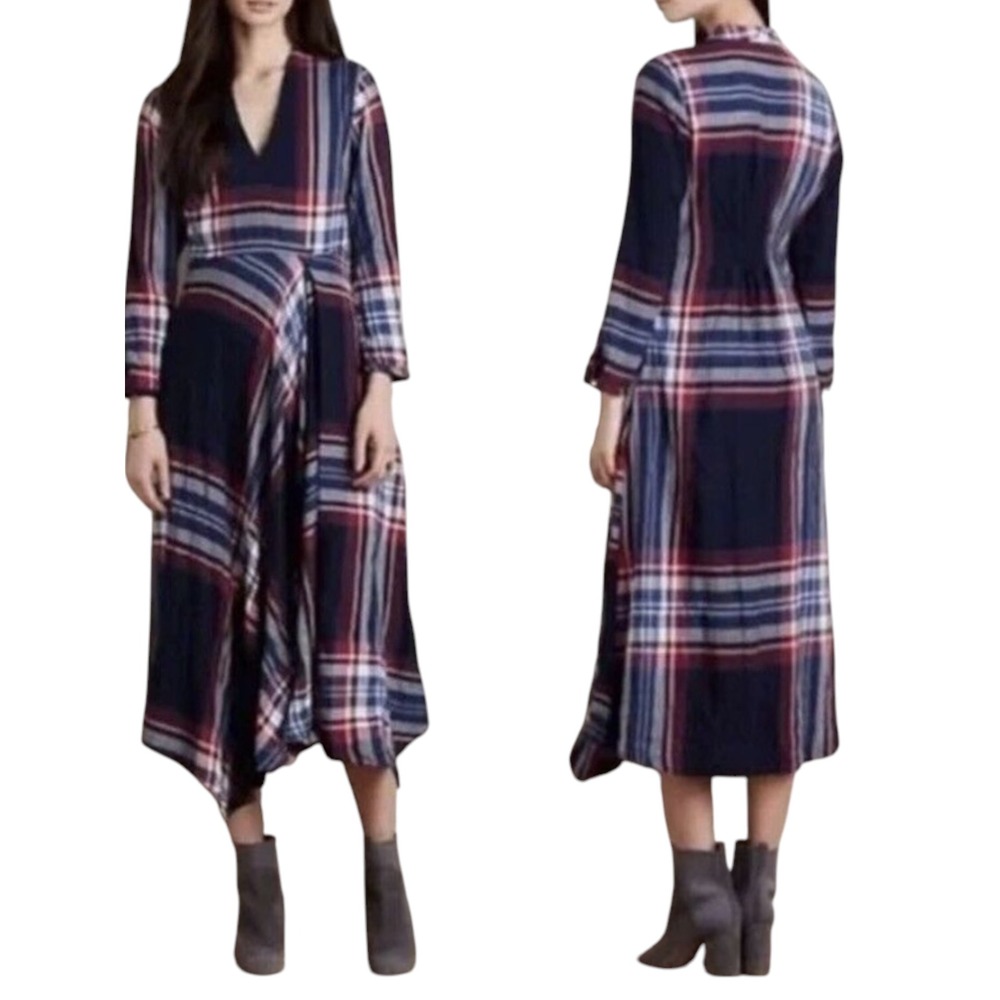 Anthropologie Isabella Sinclair Dress Womens Mediium Navy Red Tartan Plaid Midi